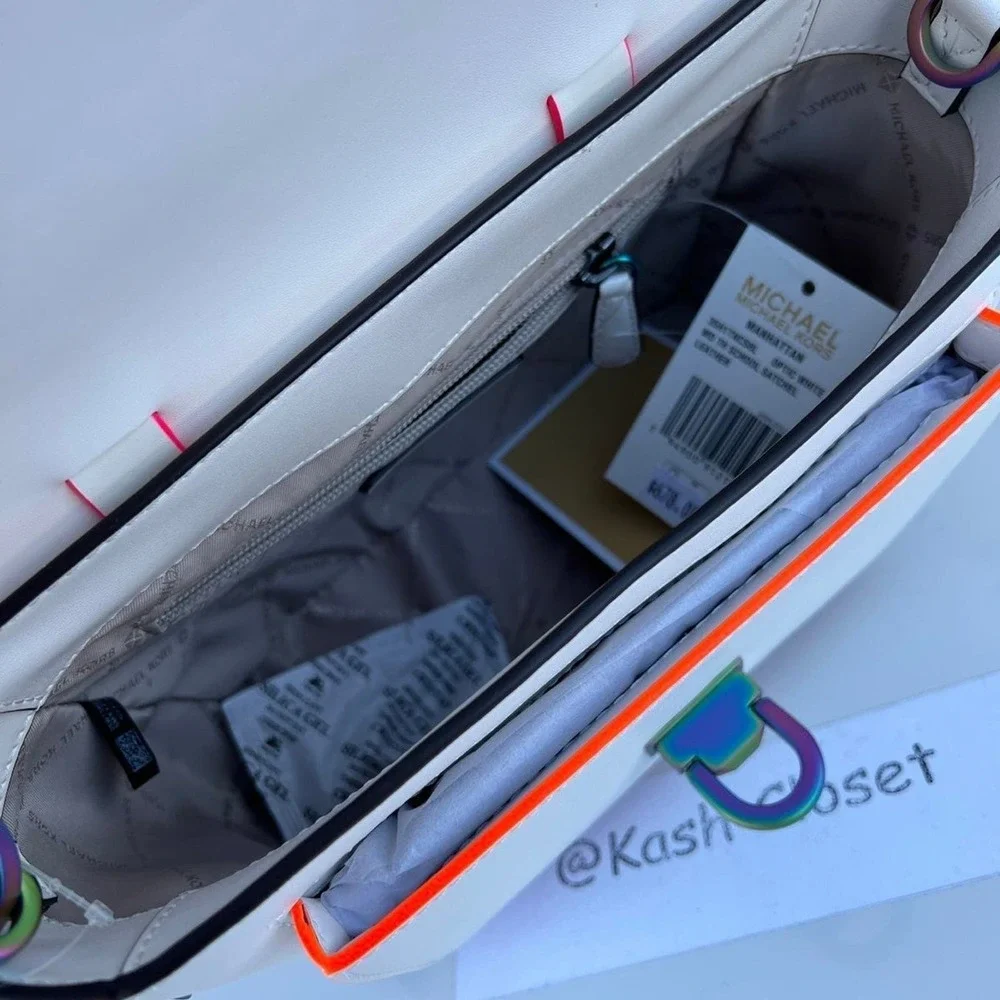 Michael Kors Manhattan Satchel Medium Leather Contrast-Trim Satchel Optic white - Picture 7 of 12